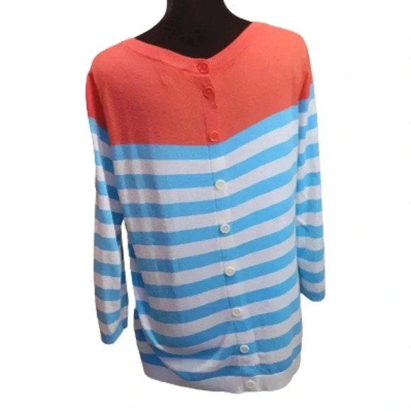 Talbott Petite Striped Sweater with button back. Coral/Blue/White - Picture 2 of 7